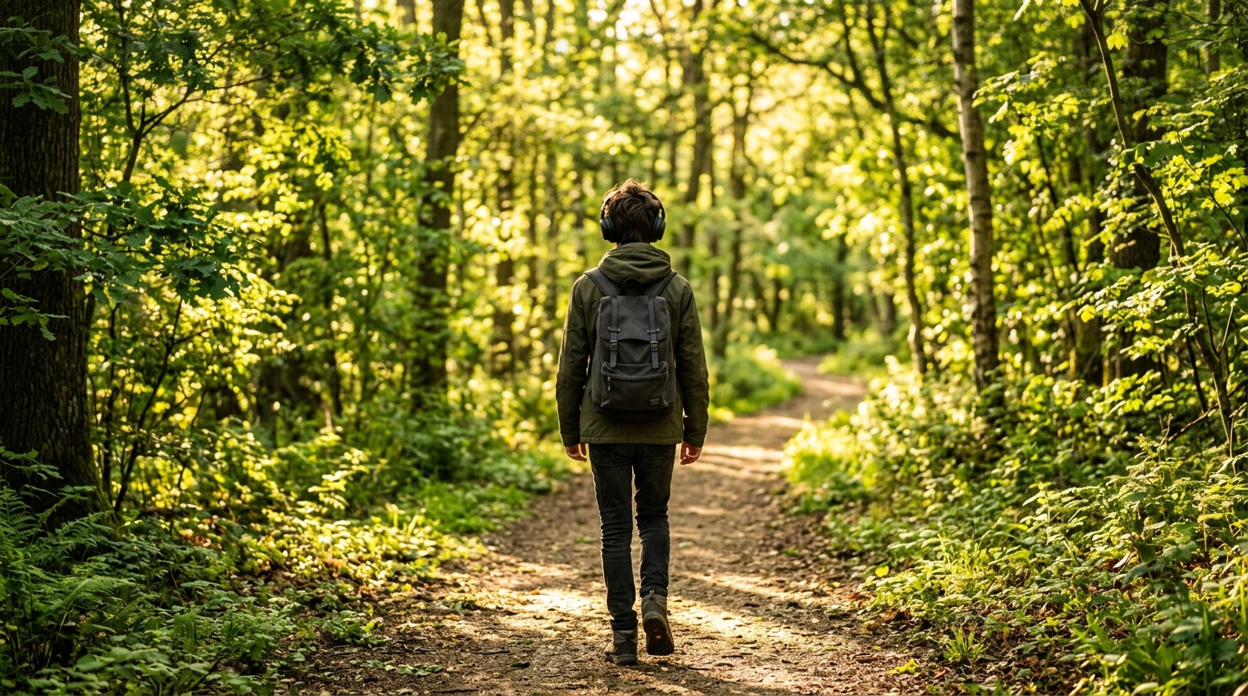 Developer walking in peaceful natural forest trail