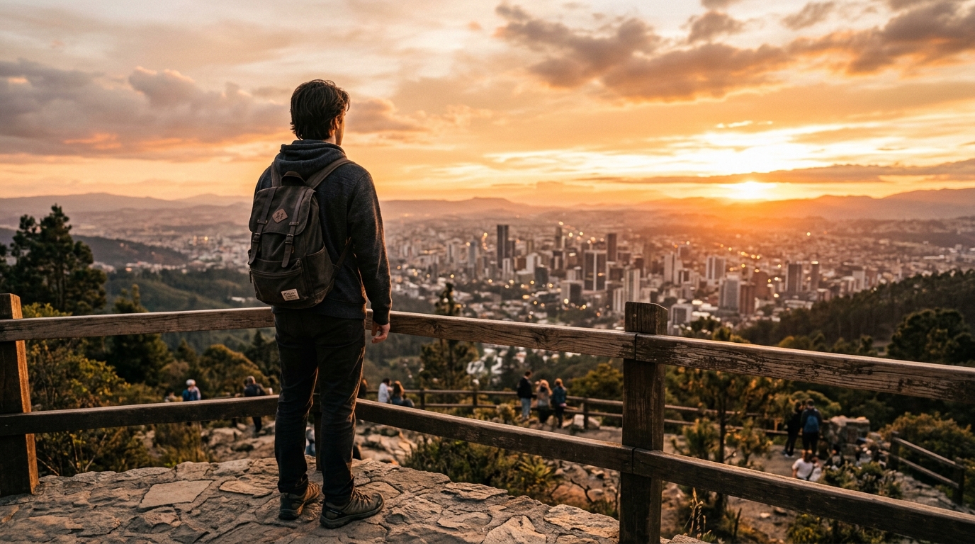 Developer with backpack taking a break outdoors facing city sunset