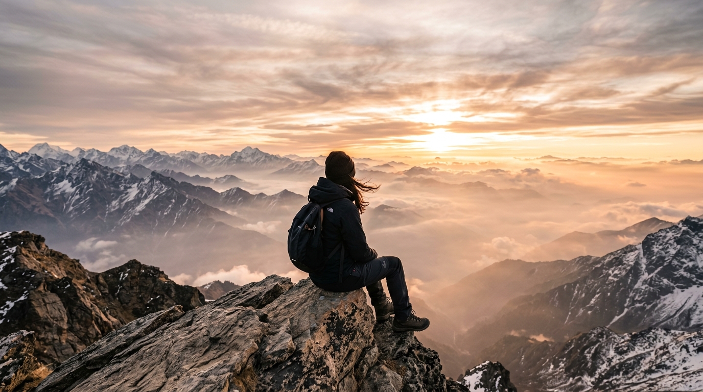 Developer resting on mountain summit rock looking at clouds